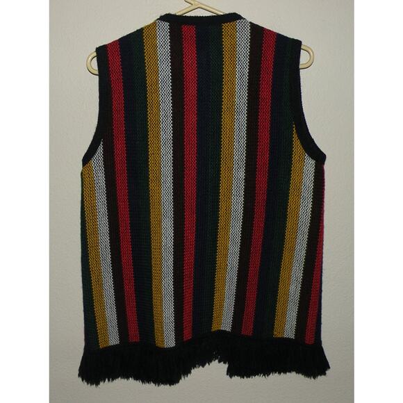 Vtg 70s Sears Open Front Sweater Vest Vertical Striped Fringe Hippie Brady Bunch - Picture 3 of 3
